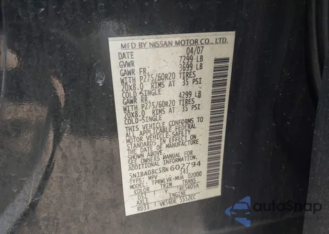 2008 Nissan Armada Le z USA, uszkodzony, nr VIN 5N1BA08C58N602794